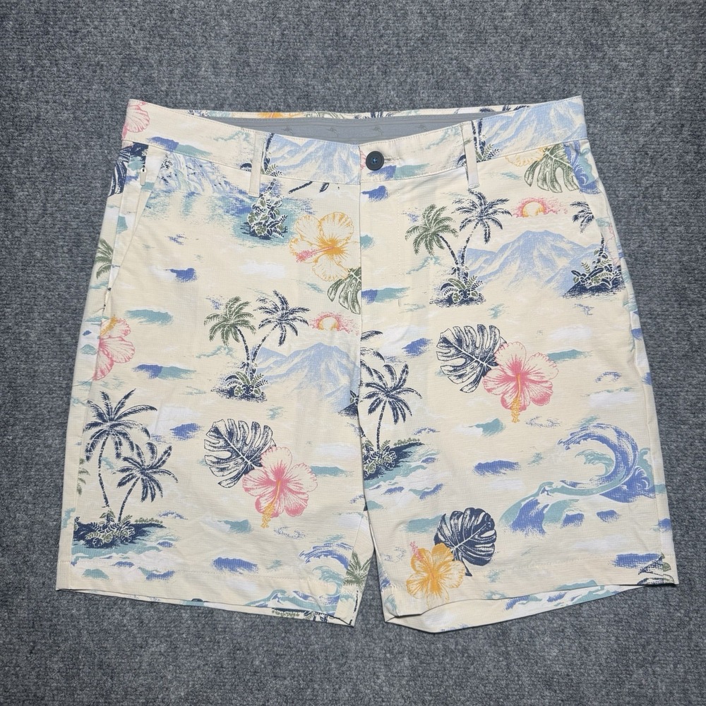 Tommy Bahama Seersucker Chino Shorts Men 34 Tropical Palms Waves 8" Inseam